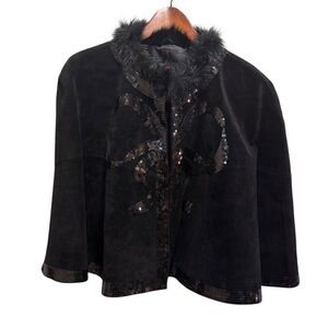 Adrienne Landau Black Suede Leather Faux Fur Sequin Cape NWT Brand New